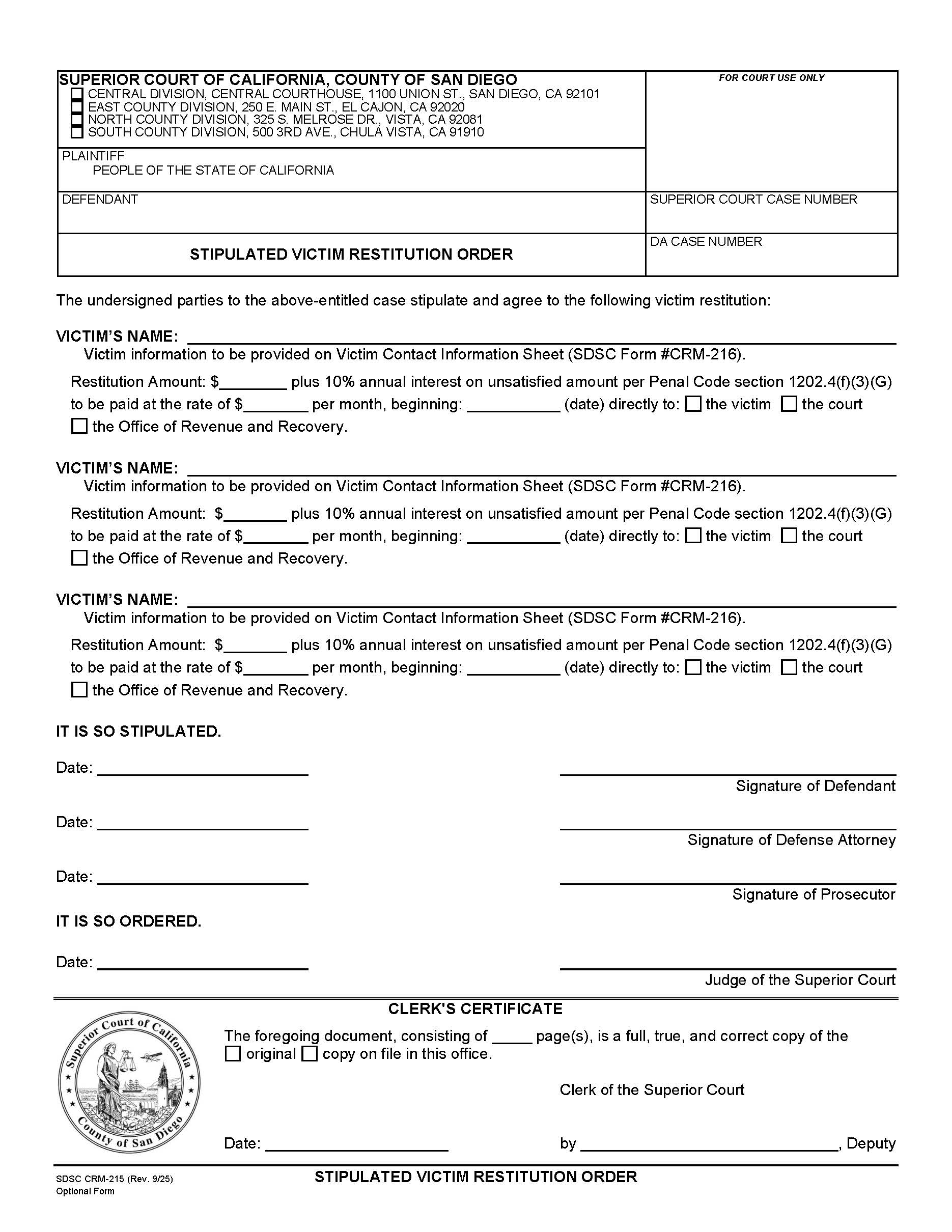 Stipulated Victim Restitution Order {CRM-215} | Pdf Fpdf Docx | California
