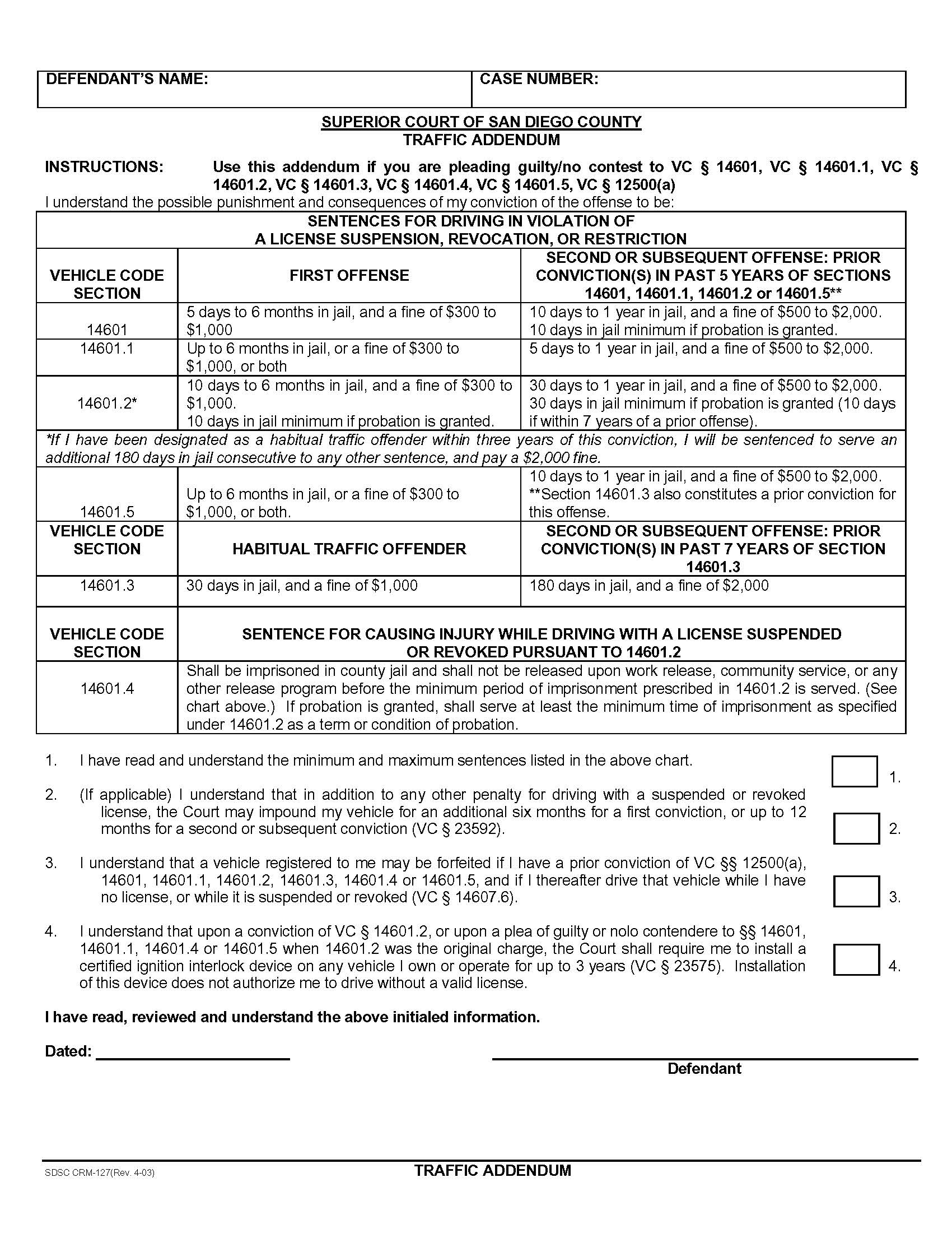 Traffic Addendum {CRM-127} | Pdf Fpdf Doc Docx | California