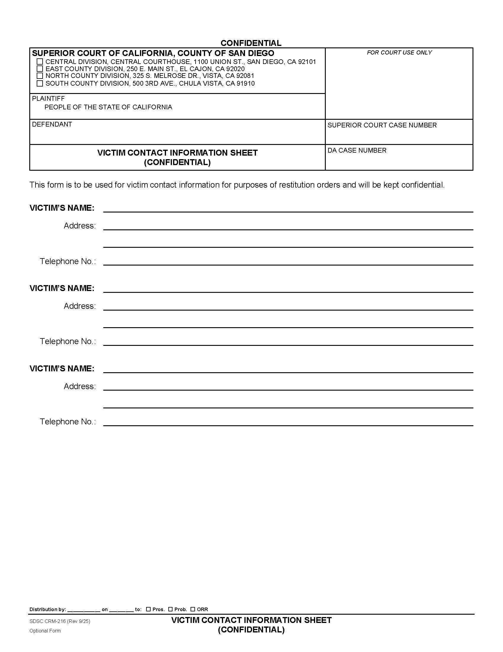 Victim Contact Information Sheet (Confidential) {CRM-216} | Pdf Fpdf Docx | California