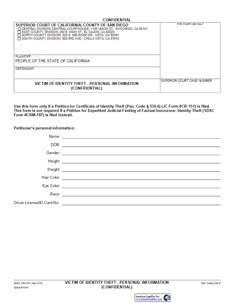 Victim Of Identity Theft-Personal Information {CRM-301} | Pdf Fpdf Docx | California