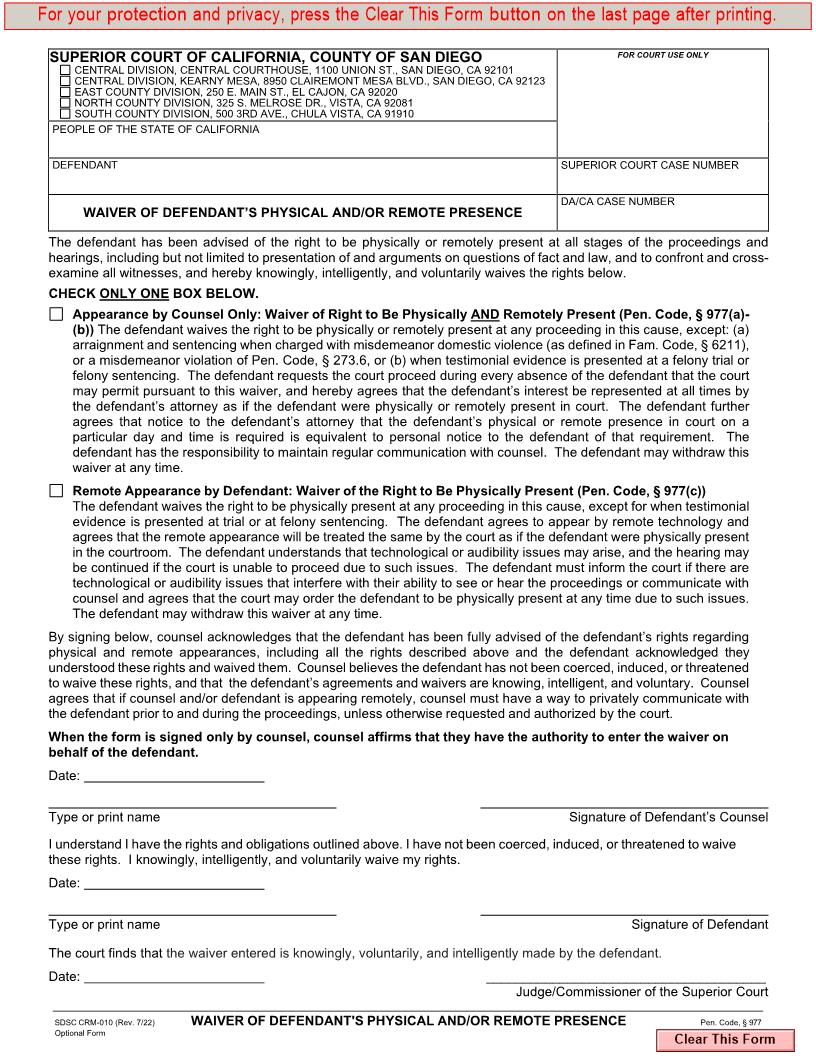 Waiver Of Defendants Physical And-Or Remote Presence {CRM-010} | Pdf Fpdf Docx | California
