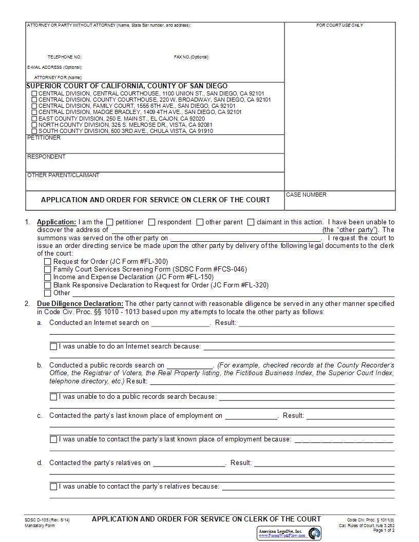Application And Order For Service On Clerk Of The Court {D-135} | Pdf Fpdf Docx | California