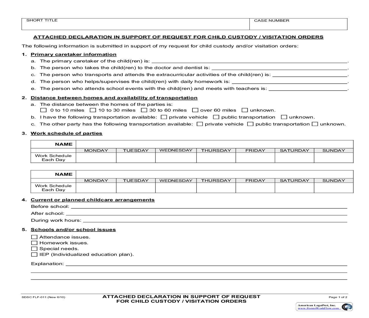 Attached Declaration In Support Of Request For Child Custody-Visitation Orders {FLF-011} | Pdf Fpdf Doc Docx | California