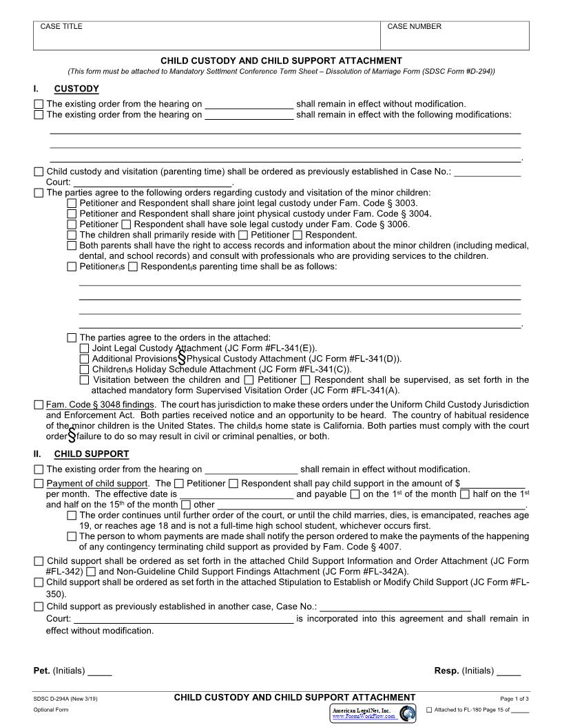 Child Custody And Child Support Attachment {D-294A} | Pdf Fpdf Docx | California