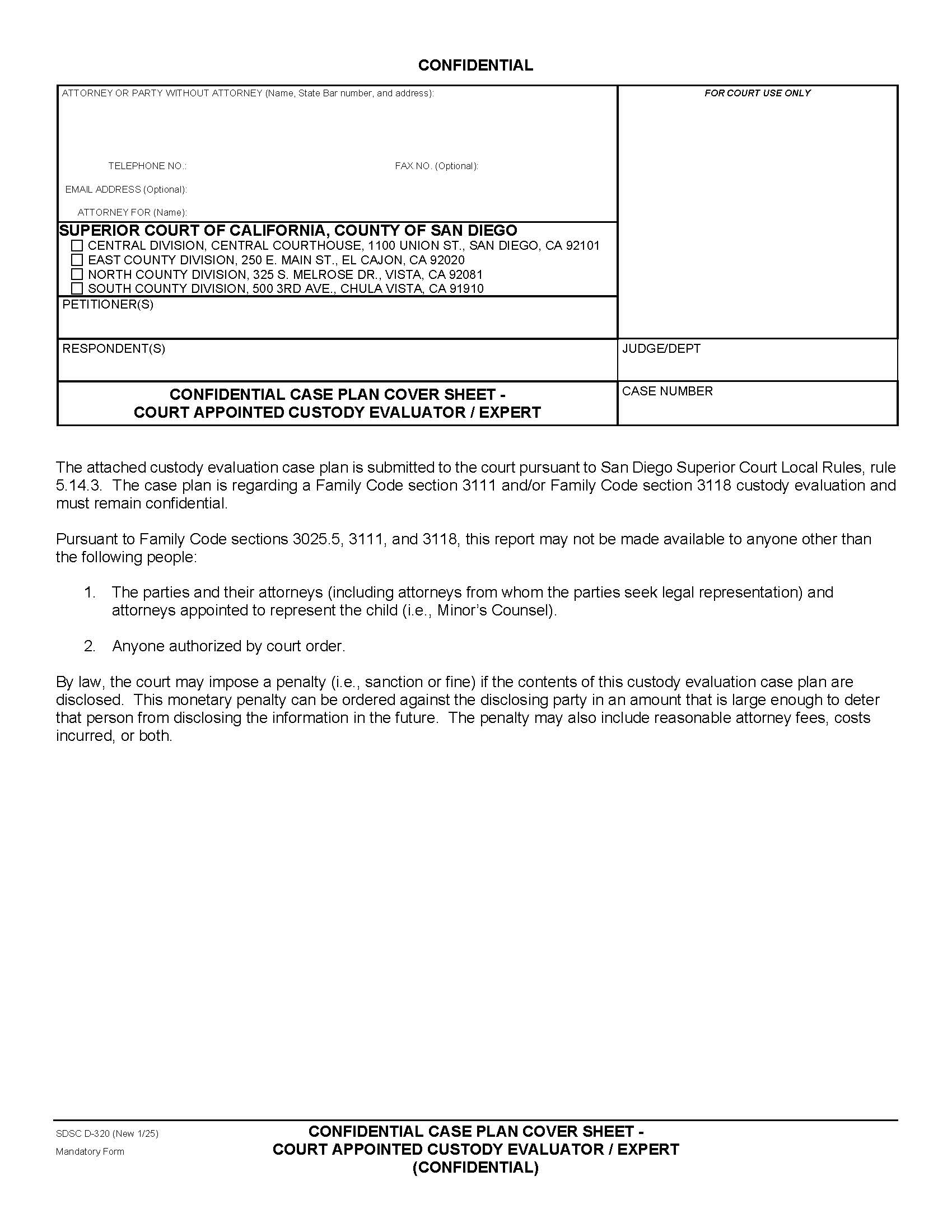 Confidential Case Plan Cover Sheet-Court Appointed Custody Evaluator-Expert {D-320} | Pdf Fpdf Docx | California