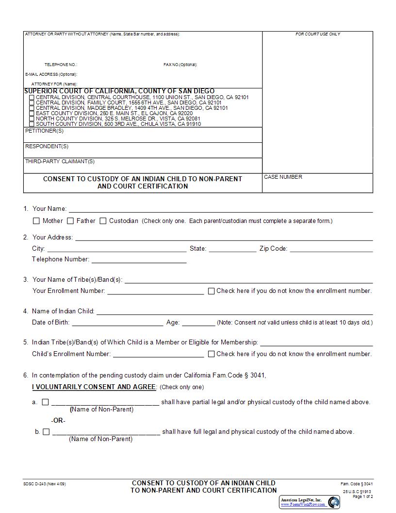 Consent To Custody Of An Indian Child To Non Parent And Court Certification {D-243} | Pdf Fpdf Docx | California