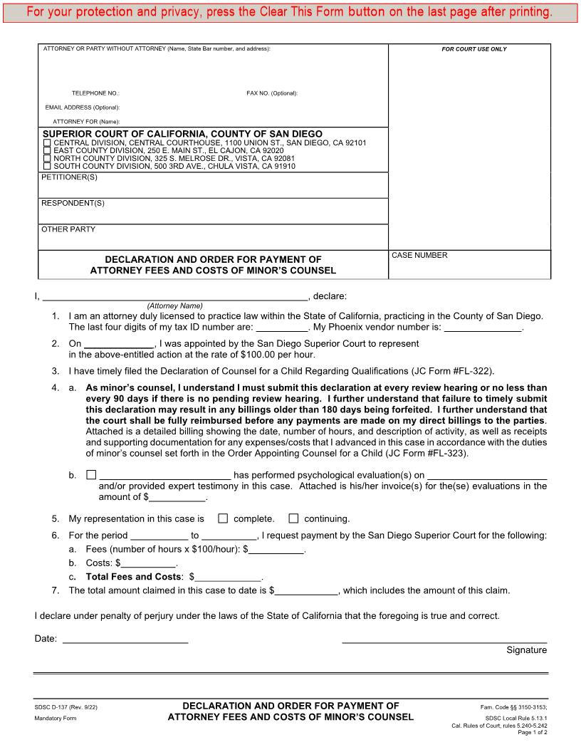 Declaration And Order For Payment Of Attorney Fees And Costs {D-137} | Pdf Fpdf Docx | California