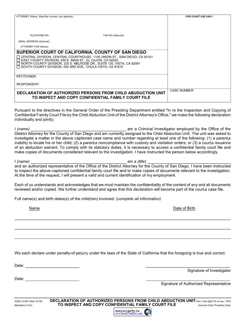 Declaration Of Authorized Persons From Child Abduction Unit To Inspect {D-293} | Pdf Fpdf Docx | California