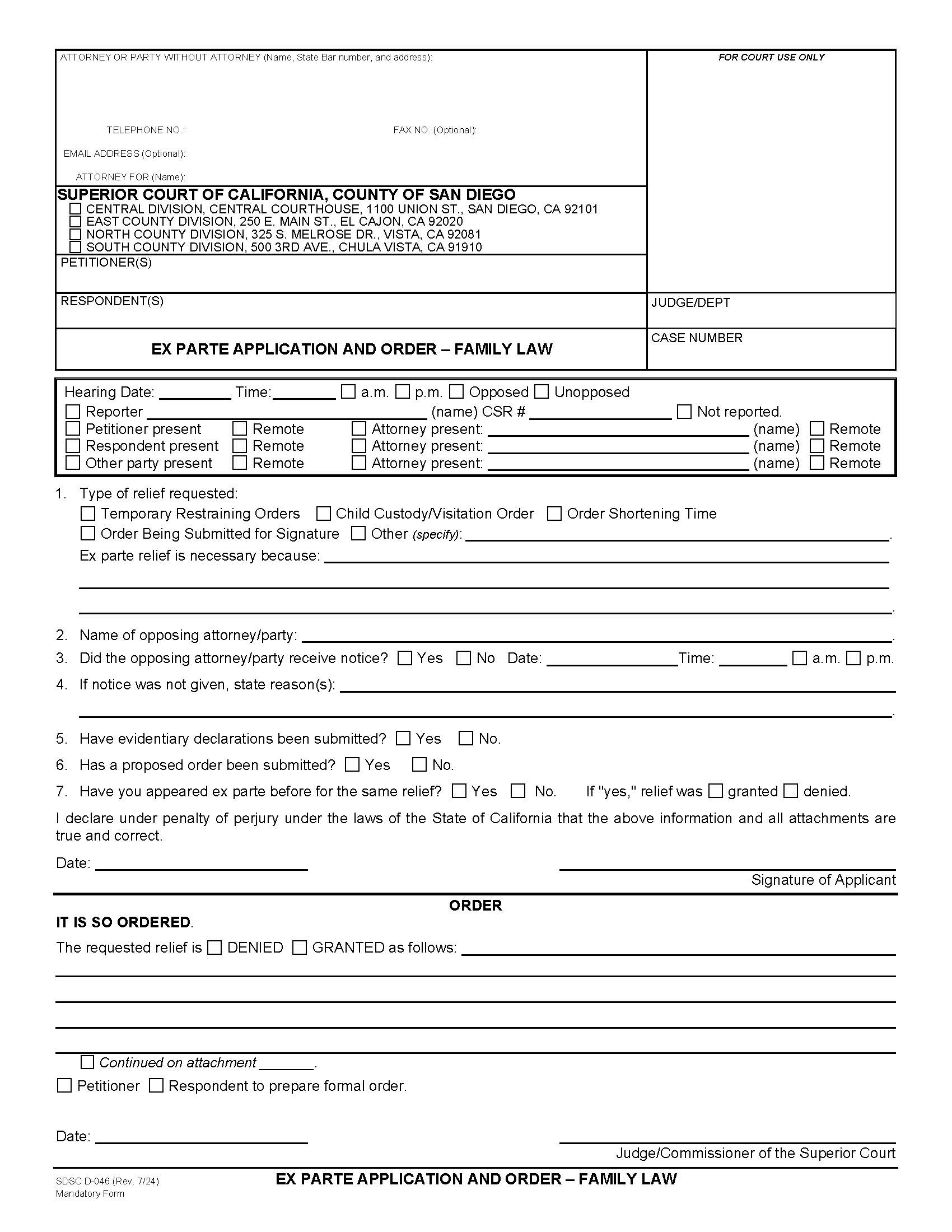 Ex Parte Application (Family Law) {D-046} | Pdf Fpdf Docx | California