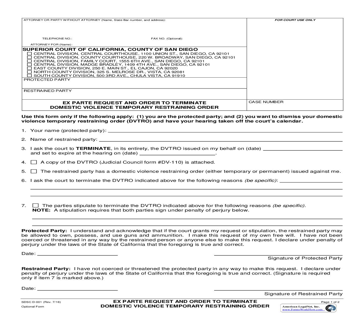 Ex Parte Request And Order To Vacate Restraining Order {D-001} | Pdf Fpdf Doc Docx | California