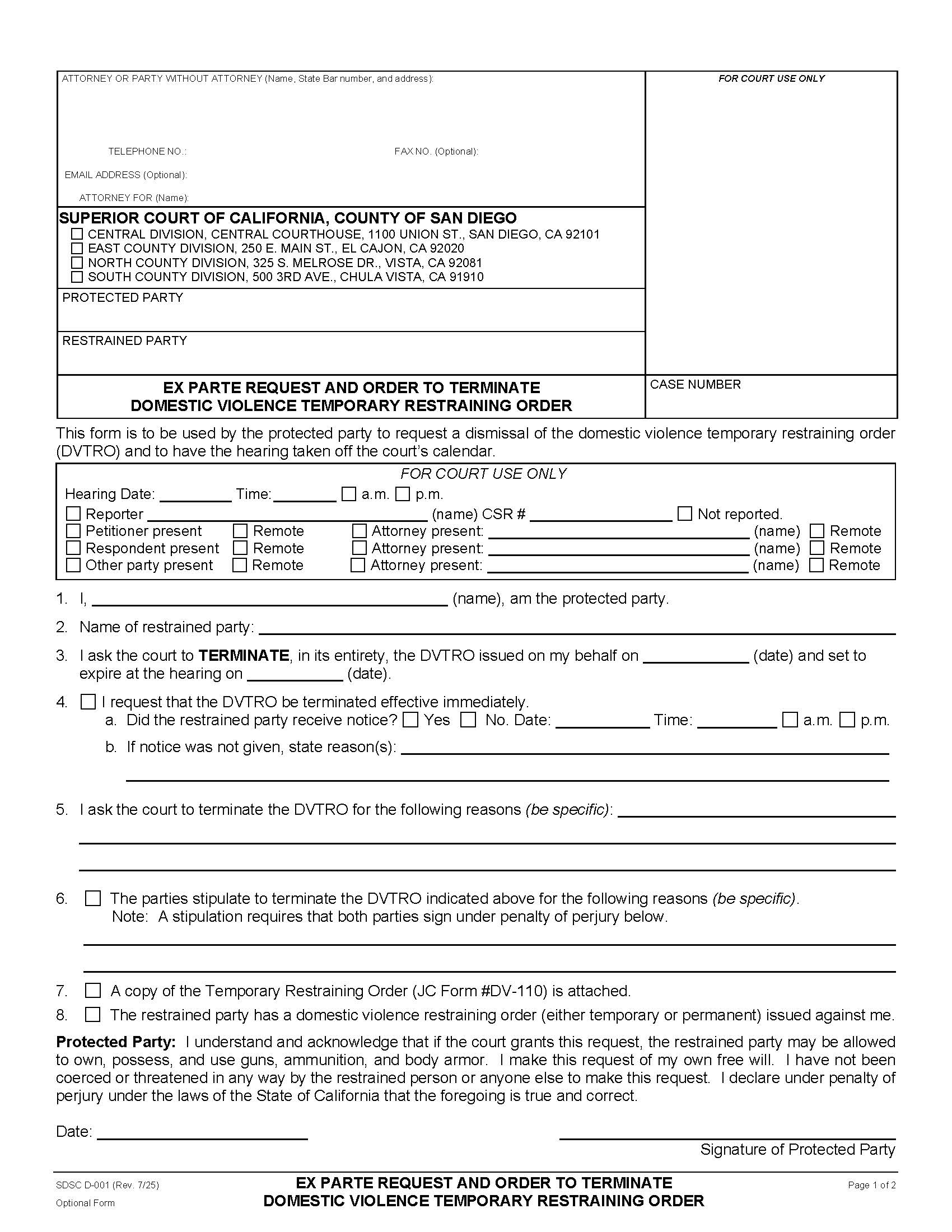 Ex Parte Request And Order To Vacate Restraining Order {D-001} | Pdf Fpdf Doc Docx | California