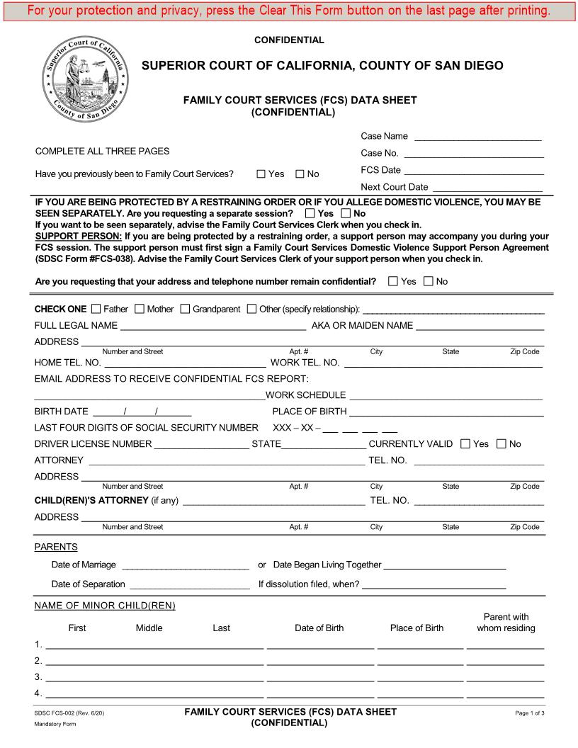 Family Court Services (FCS) Data Sheet (Confidential) {FCS-002} | Pdf Fpdf Docx | California
