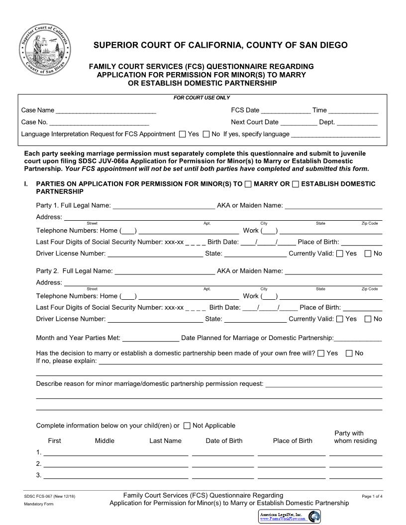 Family Court Services (FCS) Questionnaire Regarding Application For Permission For Minor(s) {FCS-067} | Pdf Fpdf Docx | California