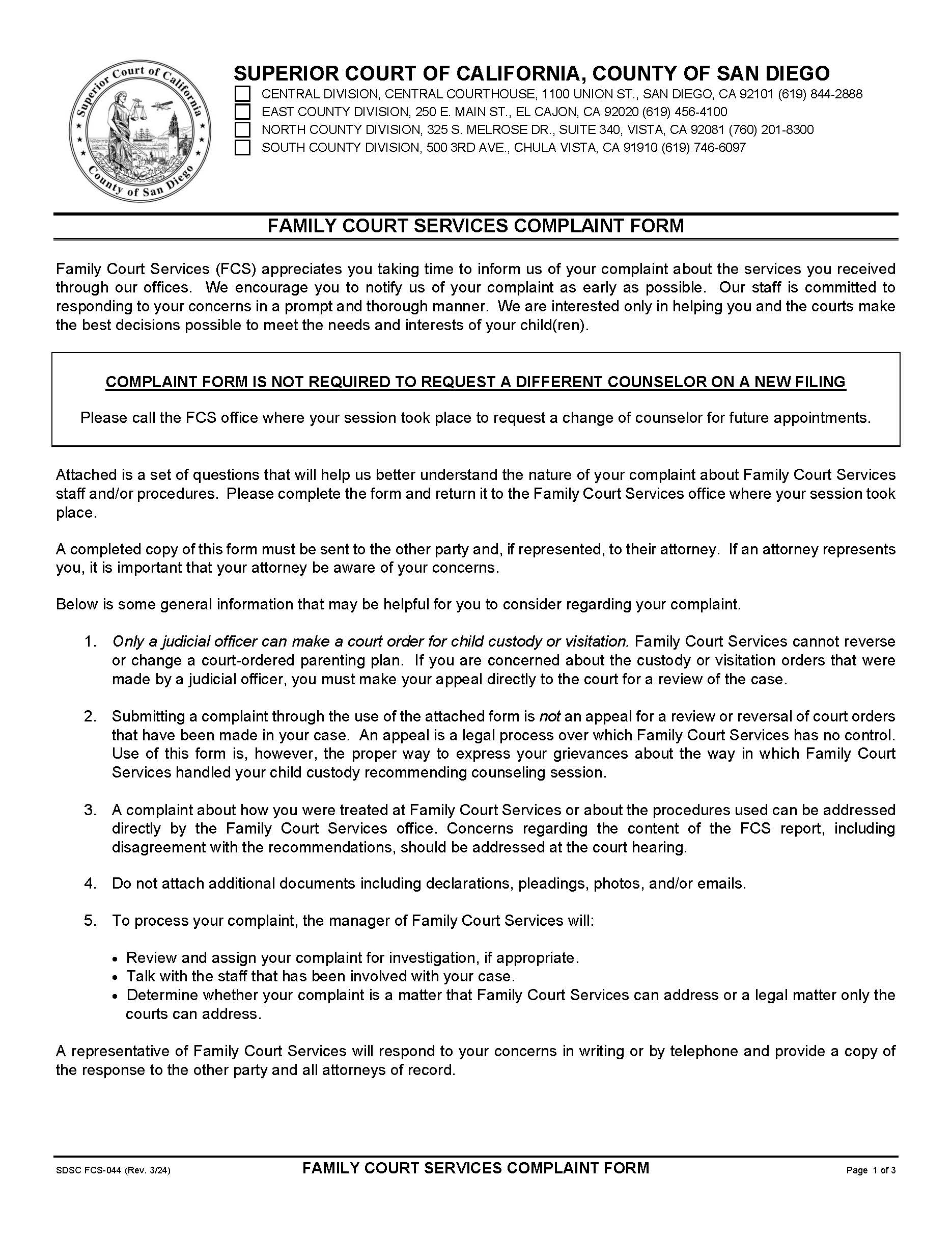 Family Court Services Client Complaint Form {FCS-044} | Pdf Fpdf Docx | California