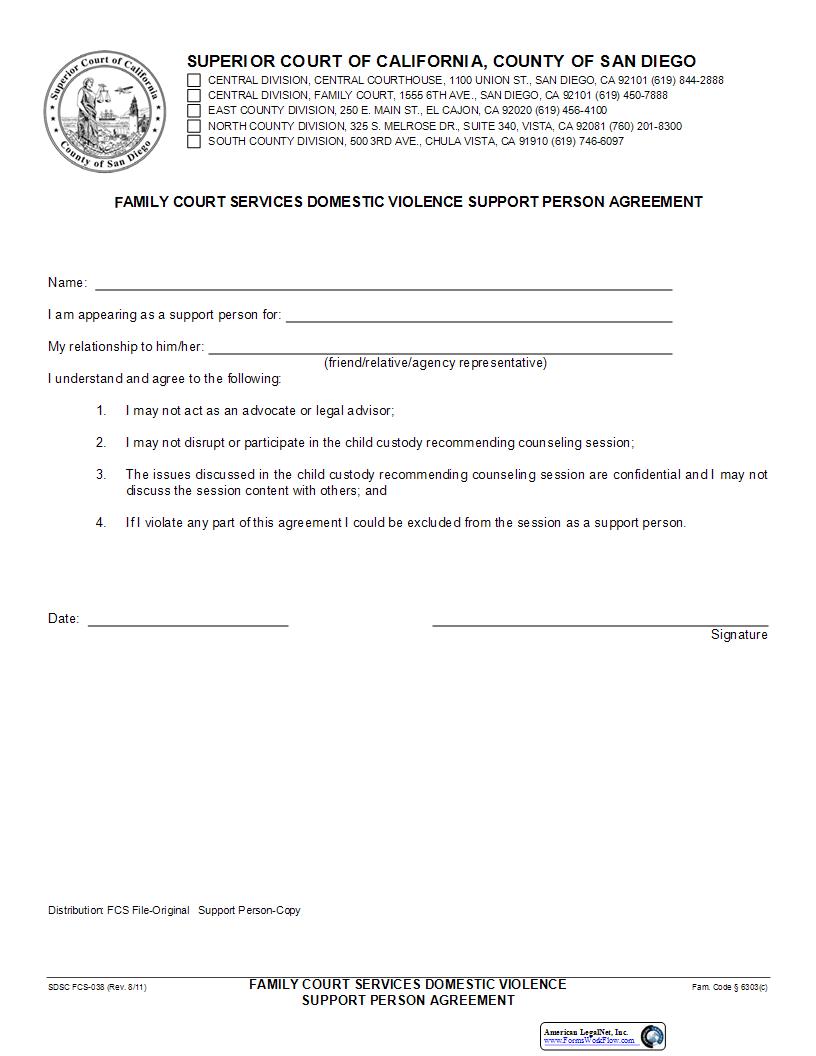 Family Court Services Domestic Violence Suppor Person Agreement {FCS-038} | Pdf Fpdf Docx | California