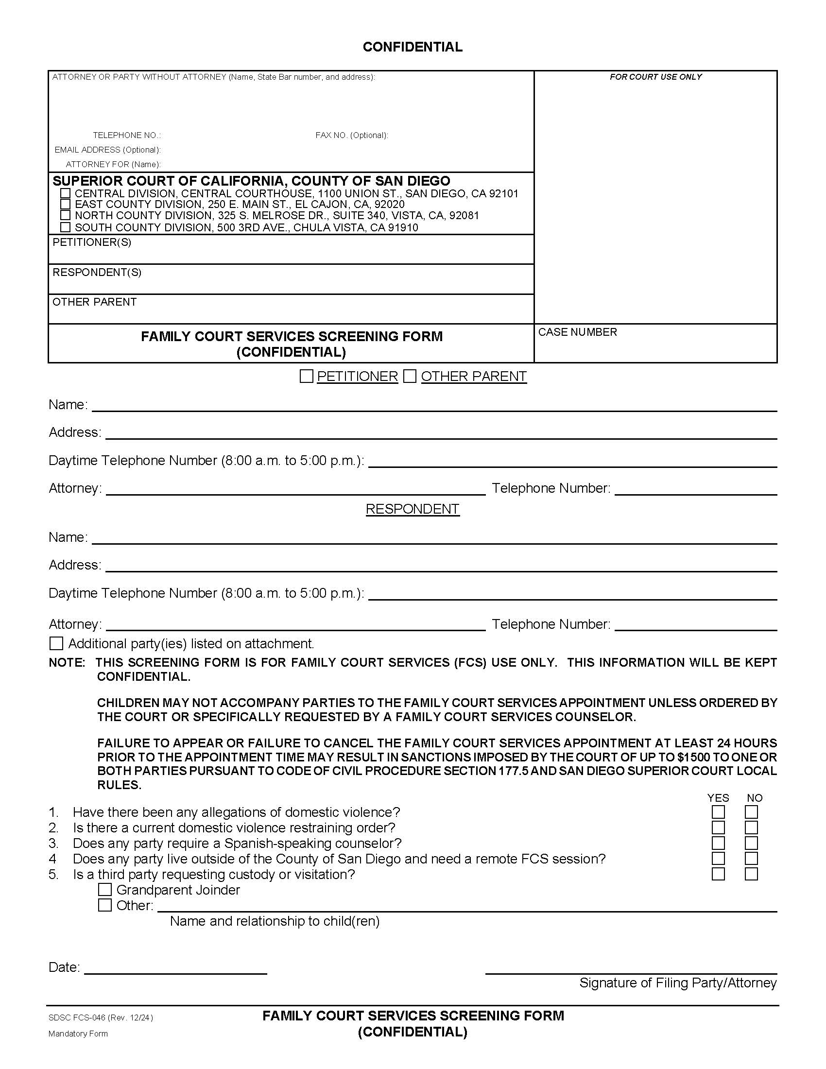 Family Court Services Screening Form (Confidential) {FCS-046} | Pdf Fpdf Doc Docx | California