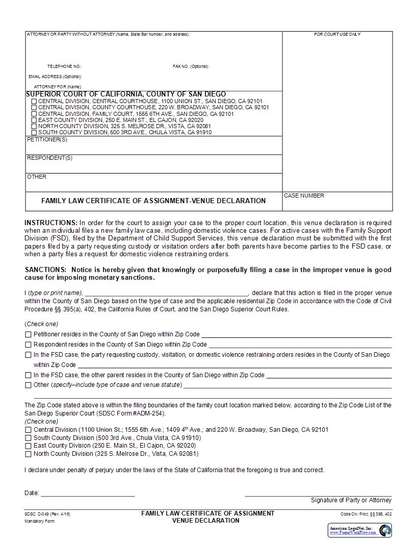 Family Law Certificate Of Assignment {D-049} | Pdf Fpdf Docx | California