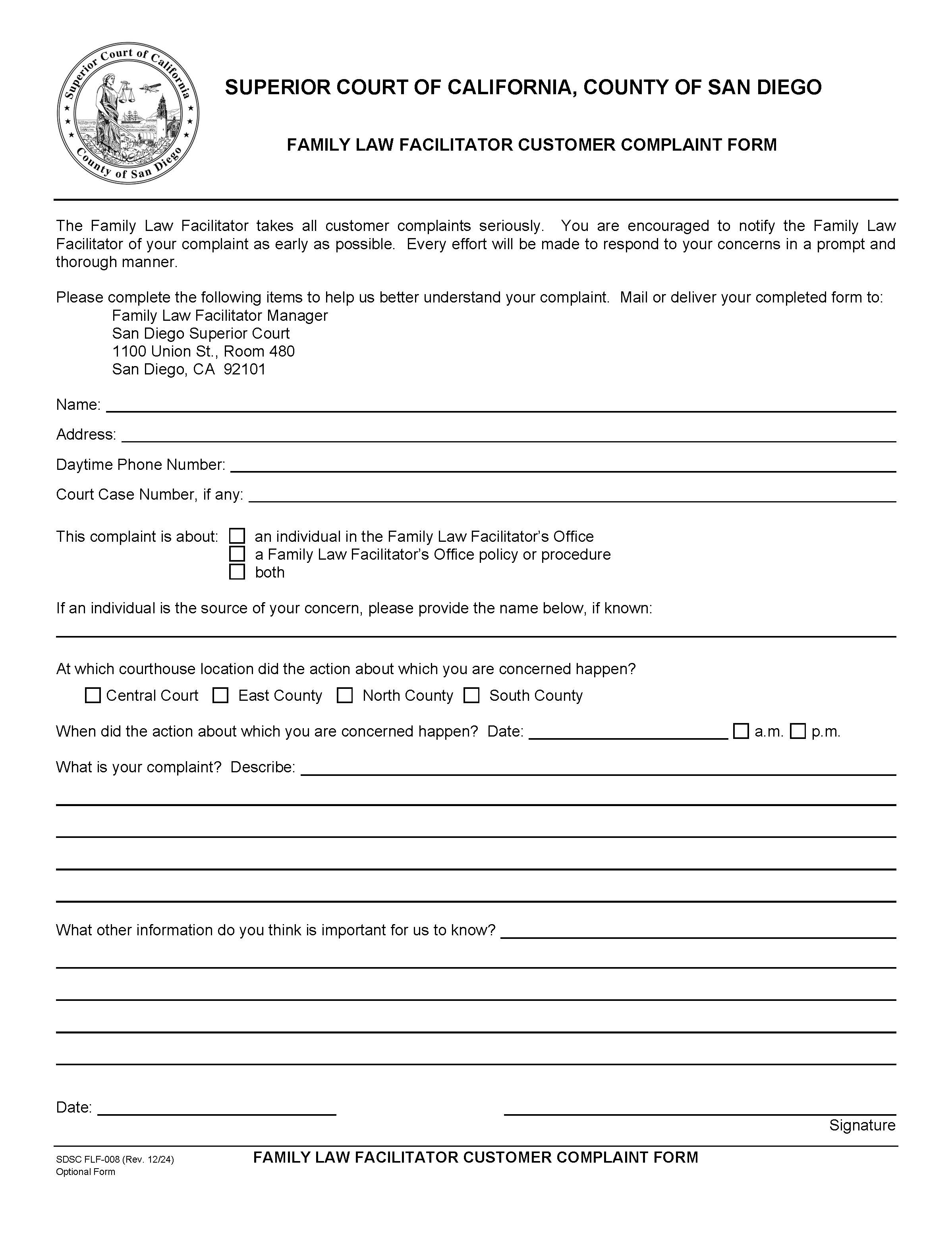 Family Law Facilitator Customer Complaint Form {FLF-008} | Pdf Fpdf Docx | California