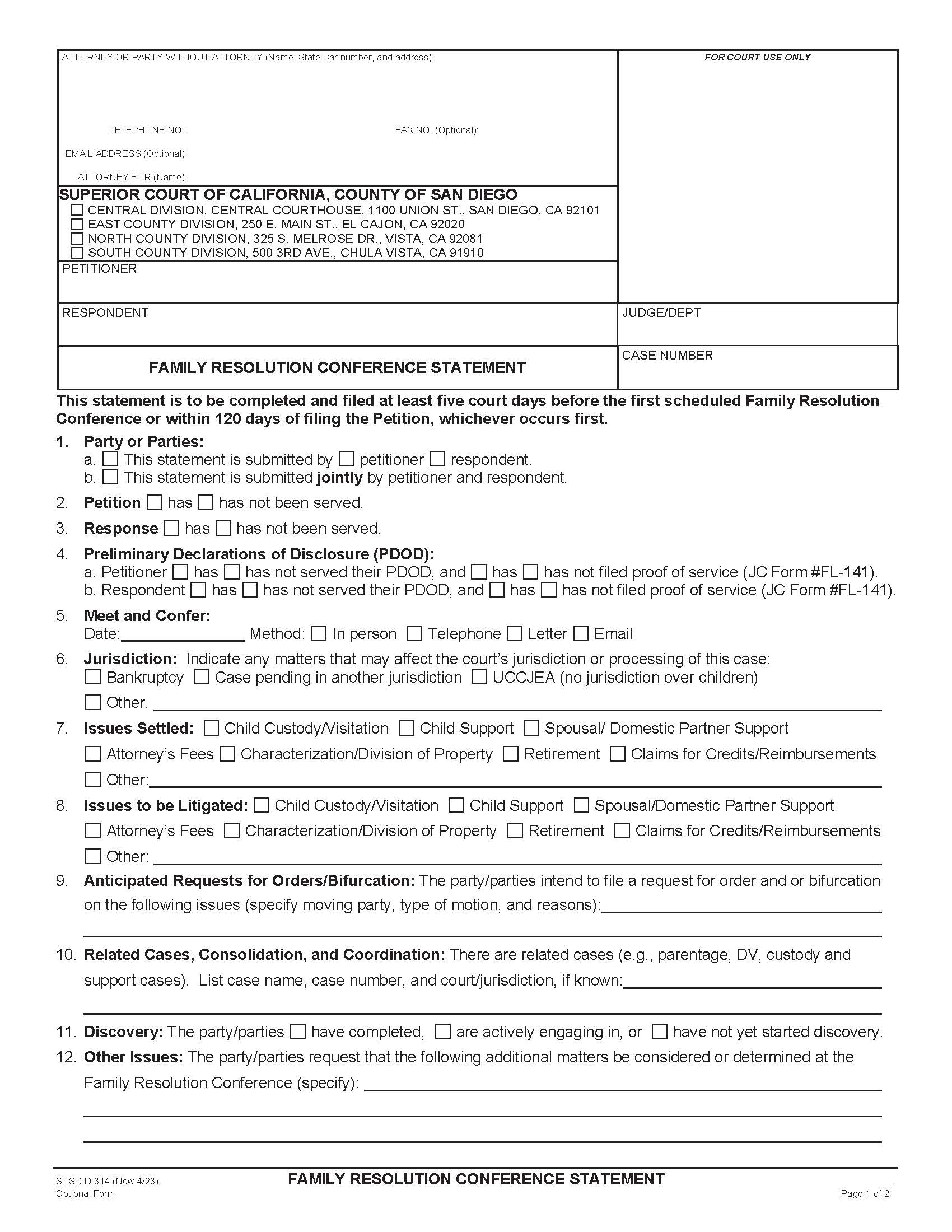 Family Resolution Conference Statement {D-314} | Pdf Fpdf Docx | California