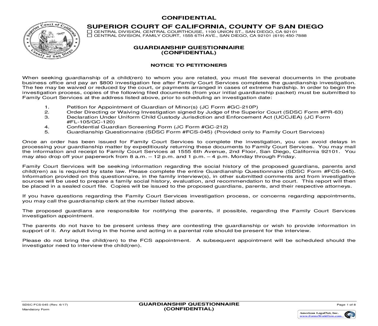Guardianship Questionniare {FCS-045} | Pdf Fpdf Docx | California