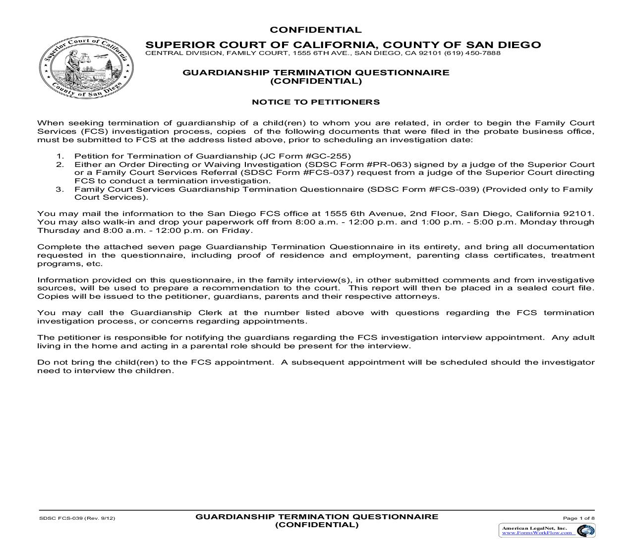 Guardianship Termination Questionnaire {FSC-039} | Pdf Fpdf Docx | California