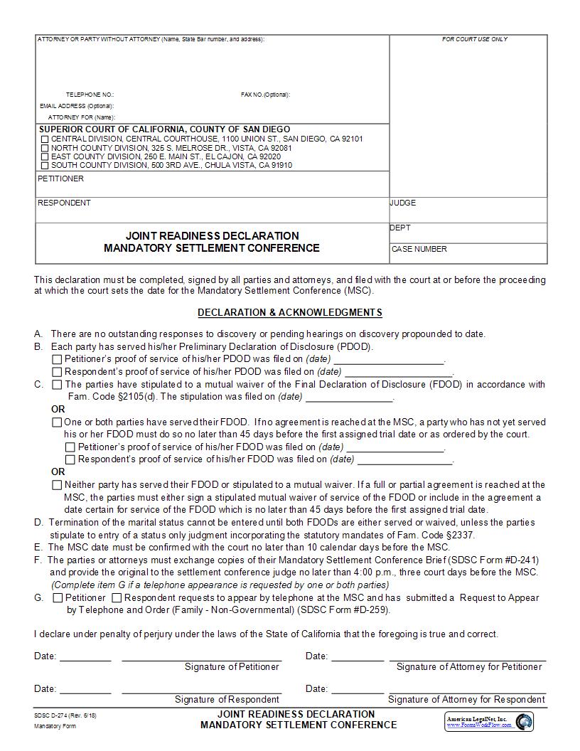 Joint Readiness Declaration Mandatory Settlement Conference (Family Law) {D-274} | Pdf Fpdf Docx | California