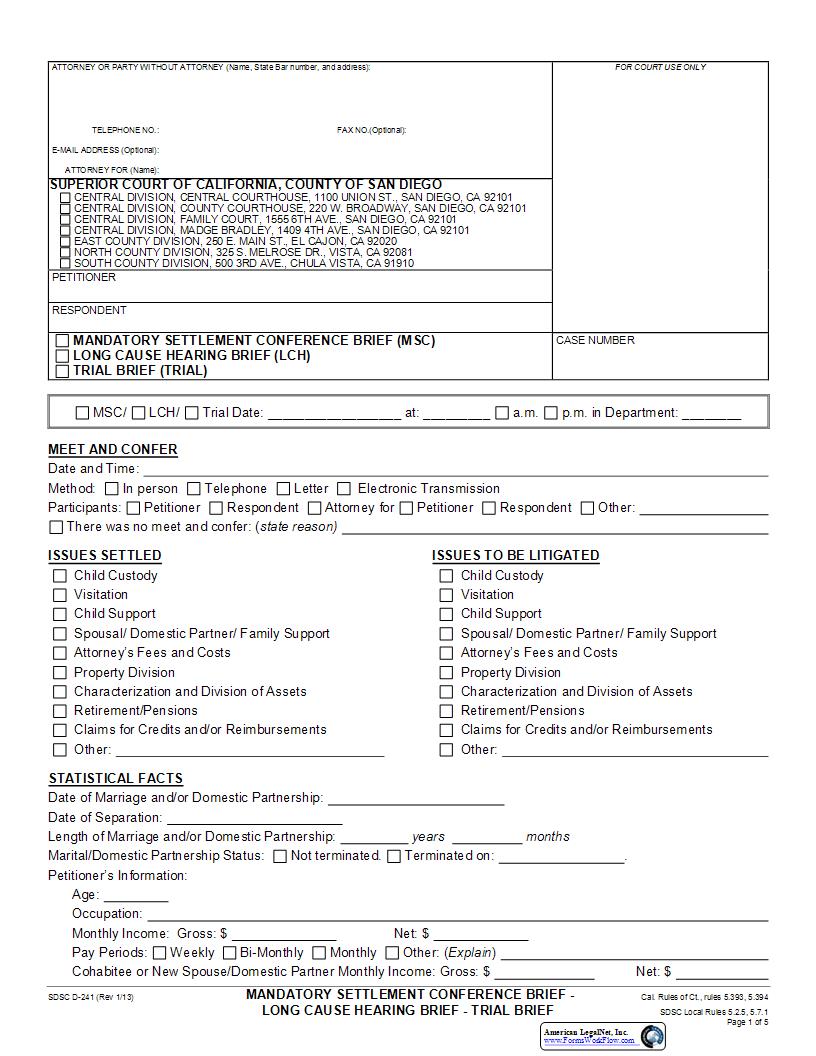 Mandatory Settlement Conference Brief-Mandatory Trial Statement {D-241} | Pdf Fpdf Docx | California