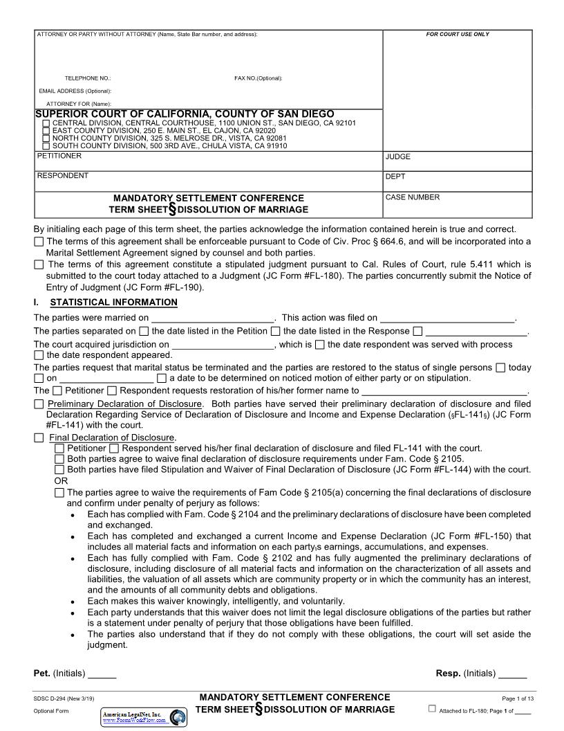 Mandatory Settlement Conference Term Sheet-Dissolution Of Marriage {D-294} | Pdf Fpdf Docx | California