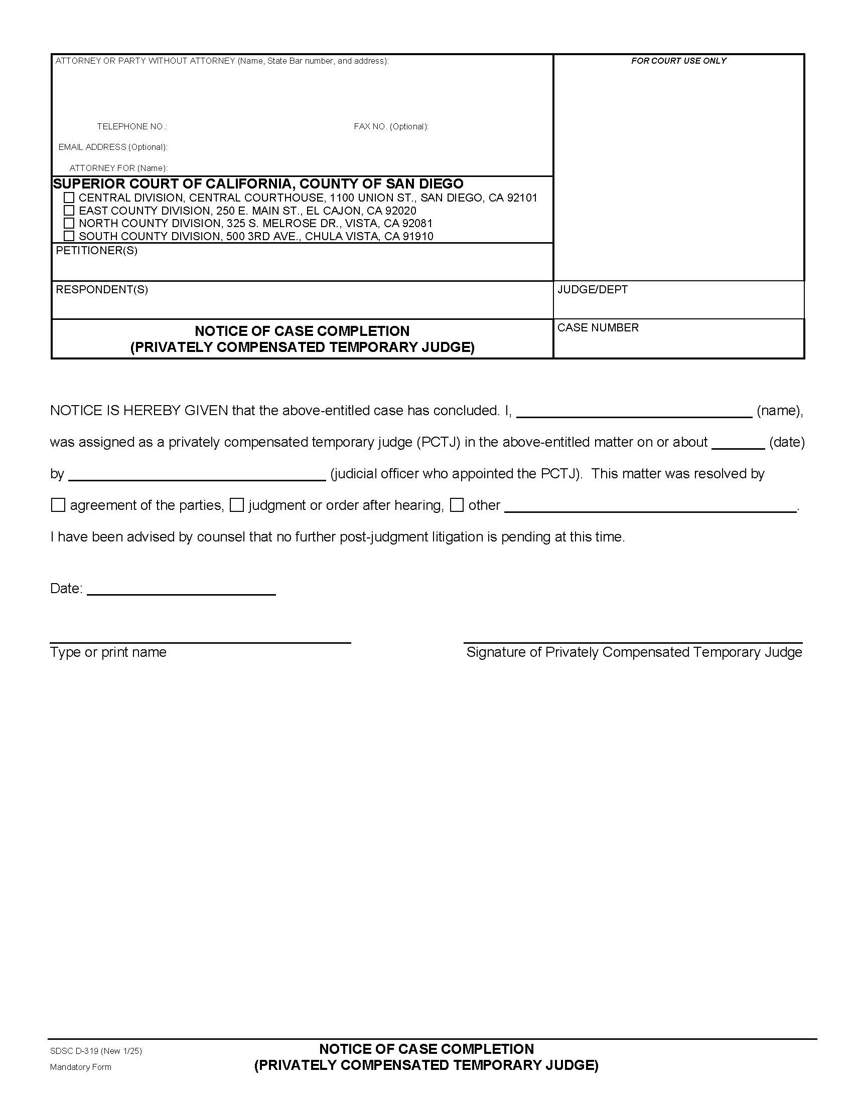 Notice Of Case Completion (Privately Compensated Temporary Judge) {D-319} | Pdf Fpdf Docx | California