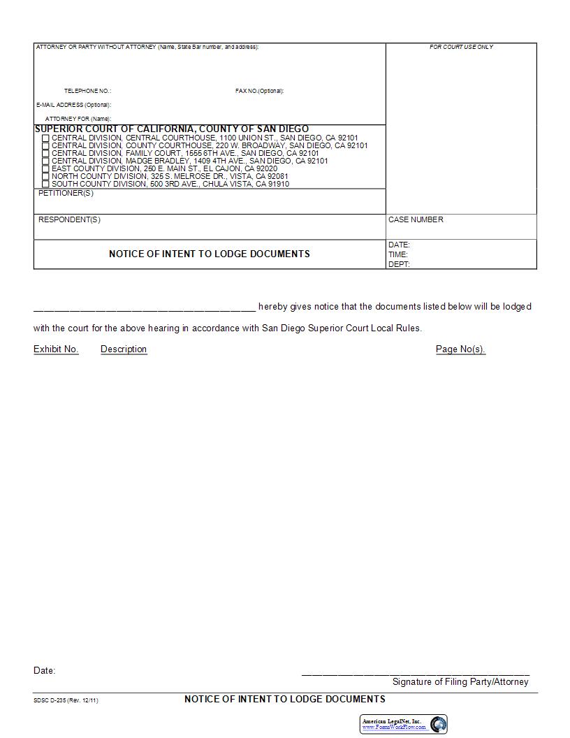 Notice Of Intent To Lodge Documents {D-235} | Pdf Fpdf Docx | California