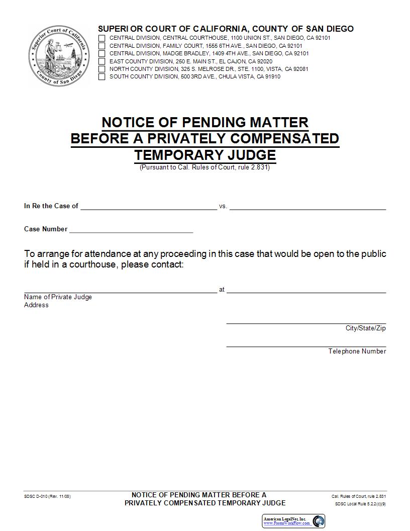 Notice Of Pending Matter Before A Privately Compensated Temporary Judge {D-010} | Pdf Fpdf Docx | California