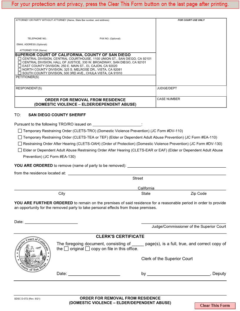 Order For Removal From Residence {D-072} | Pdf Fpdf Docx | California