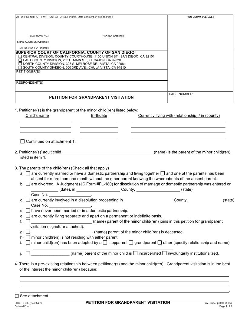 Petition For Grandparent Visitation {D-309} | Pdf Fpdf Docx | California