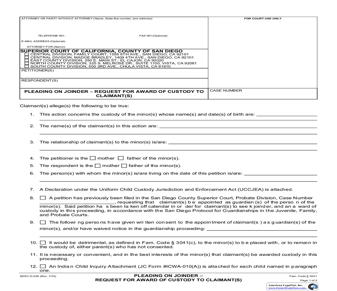 Pleading On Joinder-Request For Award Of Custody To Claimant(s) {D-236} | Pdf Fpdf Docx | California