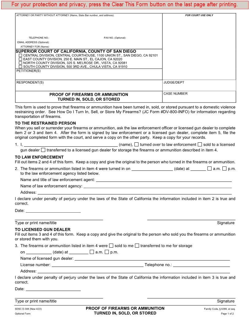 Proof Of Firearms Or Ammunition Turned In Sold Or Stored {D-308} | Pdf Fpdf Docx | California