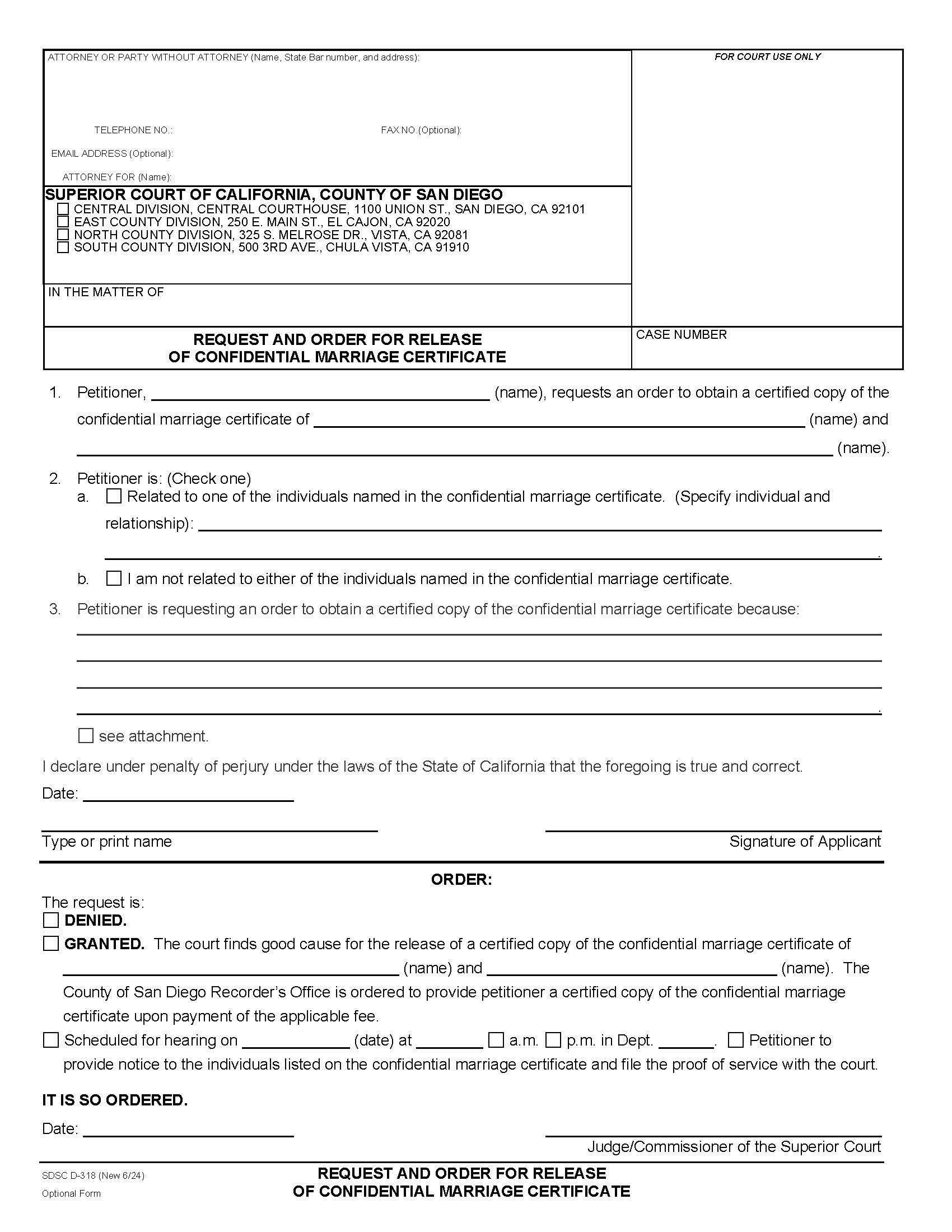 Request And Order For Release Of Confidential Marriage Certificate {D-318} | Pdf Fpdf Docx | California