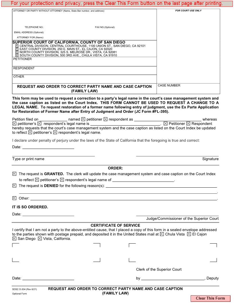 Request And Order To Correct Party Name And Case Caption (Family Law) {D-304} | Pdf Fpdf Docx | California