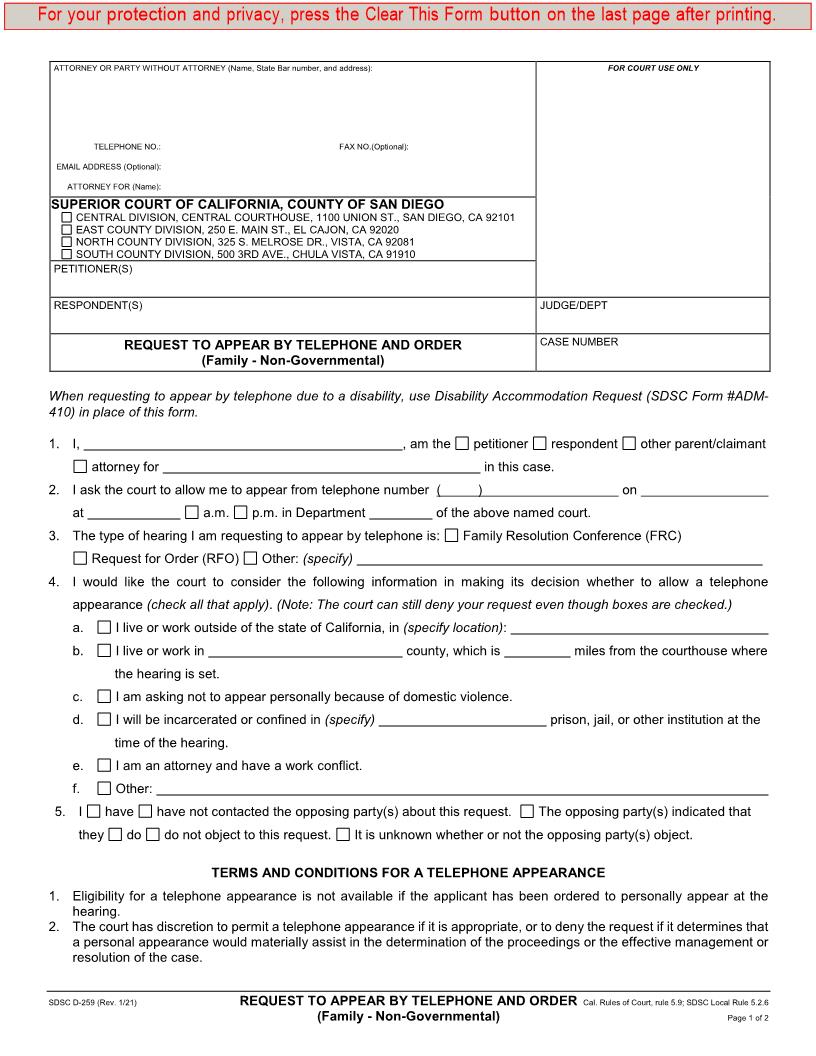 Request To Appear By Telephone And Order {D-259} | Pdf Fpdf Docx | California
