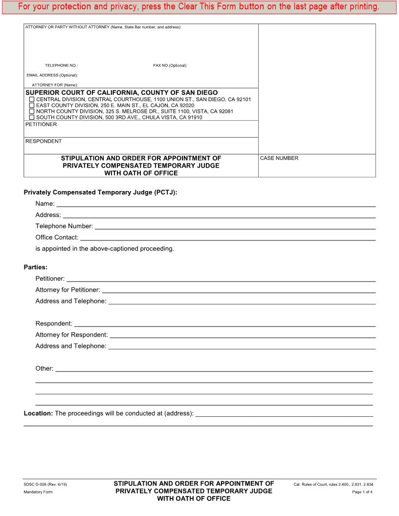 Stipulation And Order For Appointment Of Privately Compensated Temporary Judge {D-008} | Pdf Fpdf Docx | California