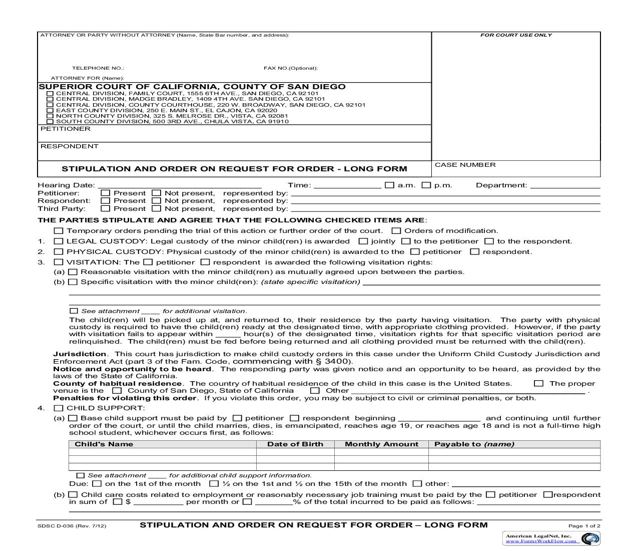 Stipulation And Order On Request For Order-Long Form {D-036} | Pdf Fpdf Docx | California