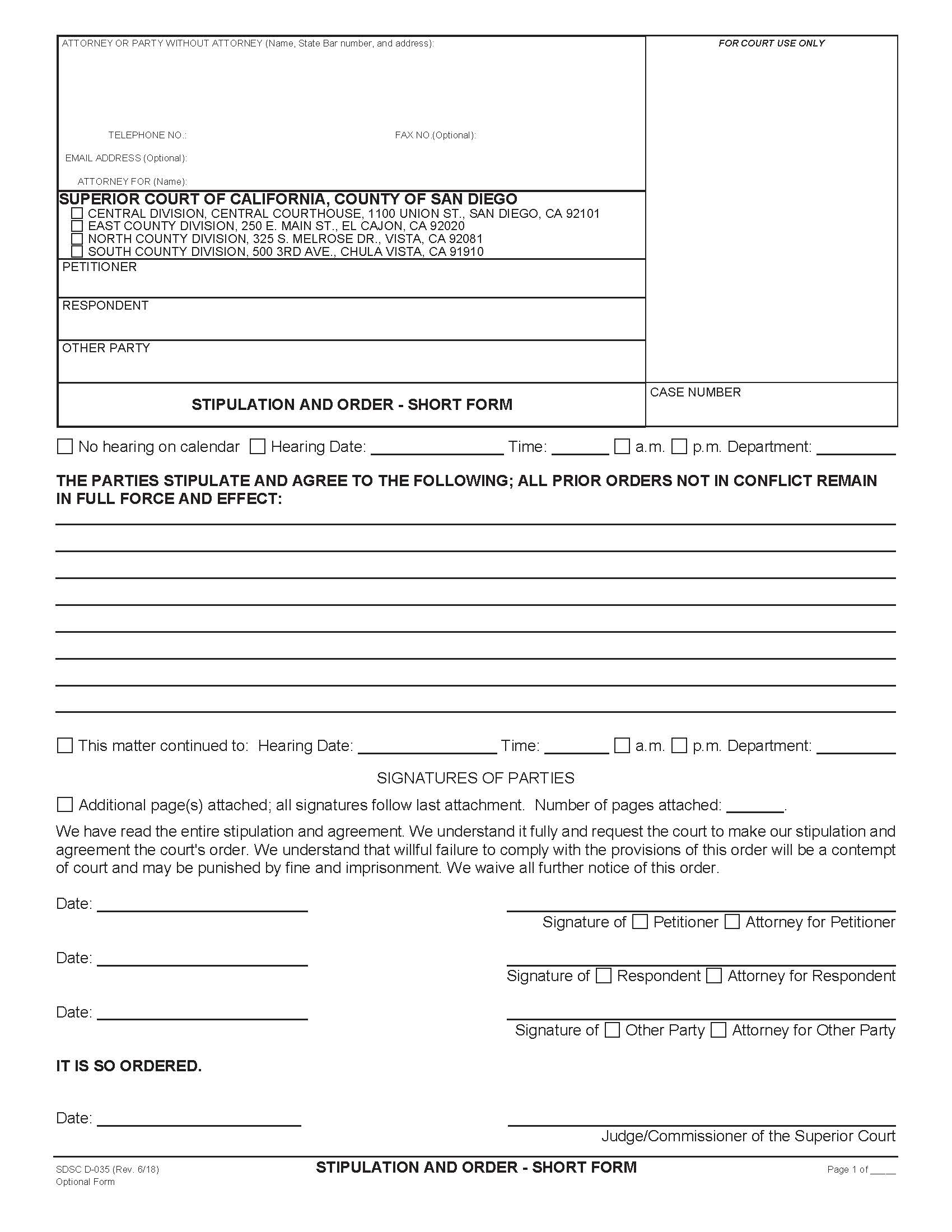Stipulation And Order On Request For Order-Short Form {D-035} | Pdf Fpdf Docx | California