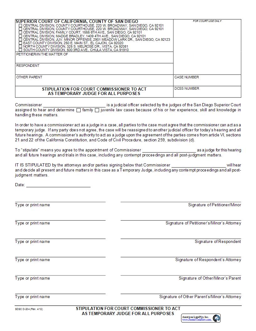 Stipulation For Court Commissioner To Act As Temporary Judge {D-204} | Pdf Fpdf Docx | California