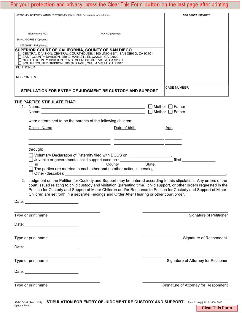 Stipulation For Entry Of Judgment Re Custody And Support {D-289} | Pdf Fpdf Docx | California