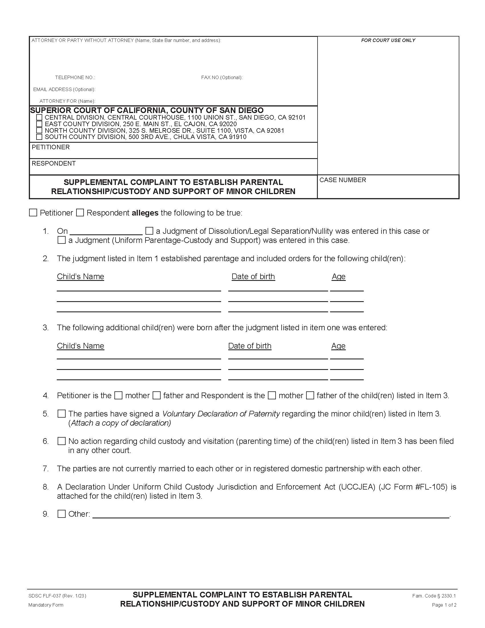 Supplemental Complaint To Establish Parental Relationship-Custody And Support {FLF-037} | Pdf Fpdf Docx | California