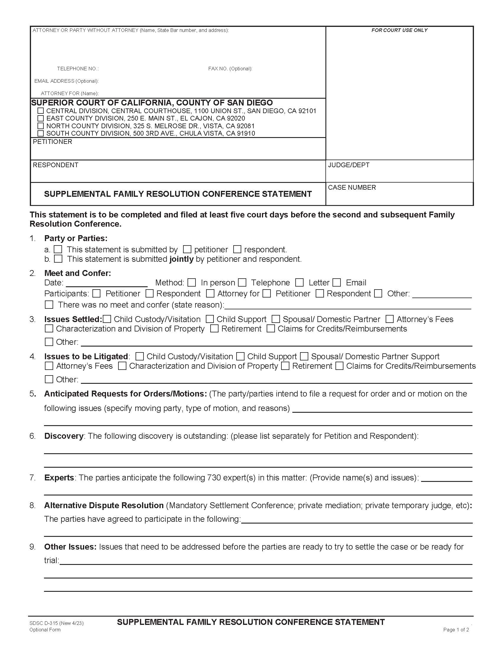 Supplemental Family Resolution Conference Statement {D-315} | Pdf Fpdf Docx | California