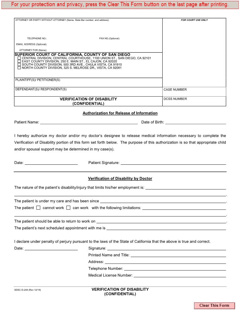 Verification Of Disability {D-248} | Pdf Fpdf Docx | California