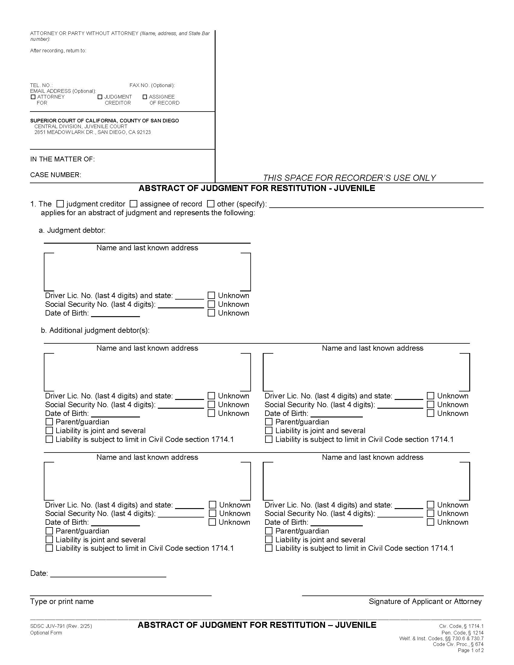 Abstract Of Judgment For Restitution-Juvenile {JUV-791} | Pdf Fpdf Doc Docx | California