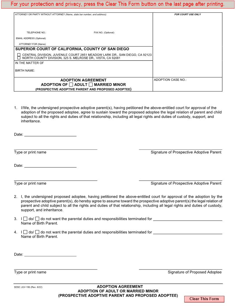 Adoption Agreement Adoption Of Adult Or Married Minor {JUV-195} | Pdf Fpdf Doc Docx | California