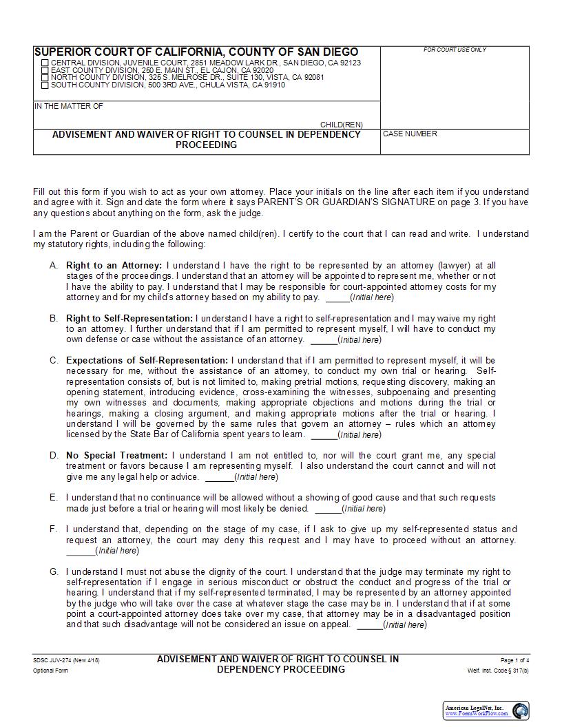 Advisement And Waiver Of Right To Counsel In Dependency Proceeding {JUV-274} | Pdf Fpdf Docx | California