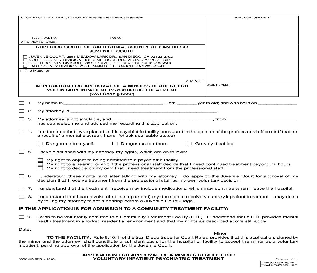 Application For Approval Of A Minors Request For Voluntary Inpatient Psychiatric Treatment {JUV-57} | Pdf Fpdf Doc Docx | California